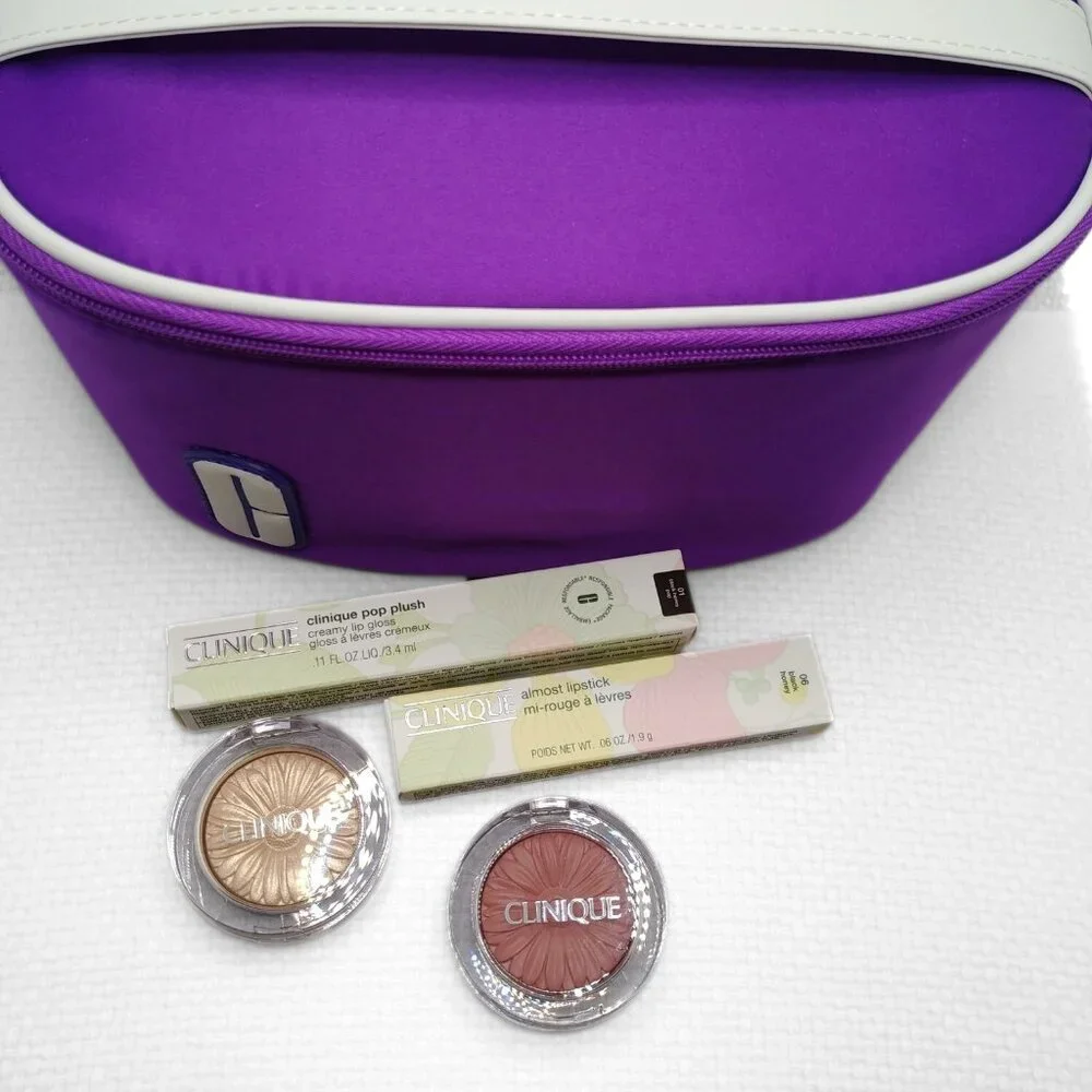 CLINIQUE Black Honey Makeup Bundle with Purple Bag Almost Lipstick Gloss Blush